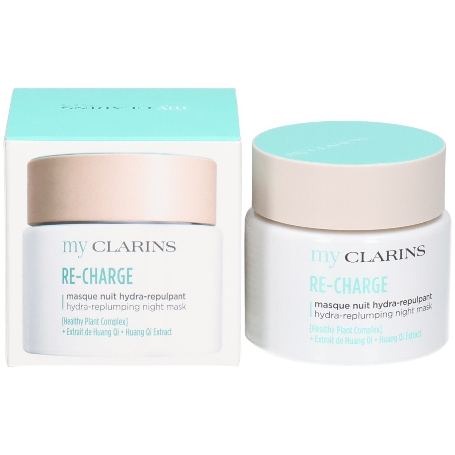 CLARINS MY RE CHARGE MASQUE NUIT HYDRA REPULPANT TP 50 ML et son emballage. Pot avec couvercle bleu clair.