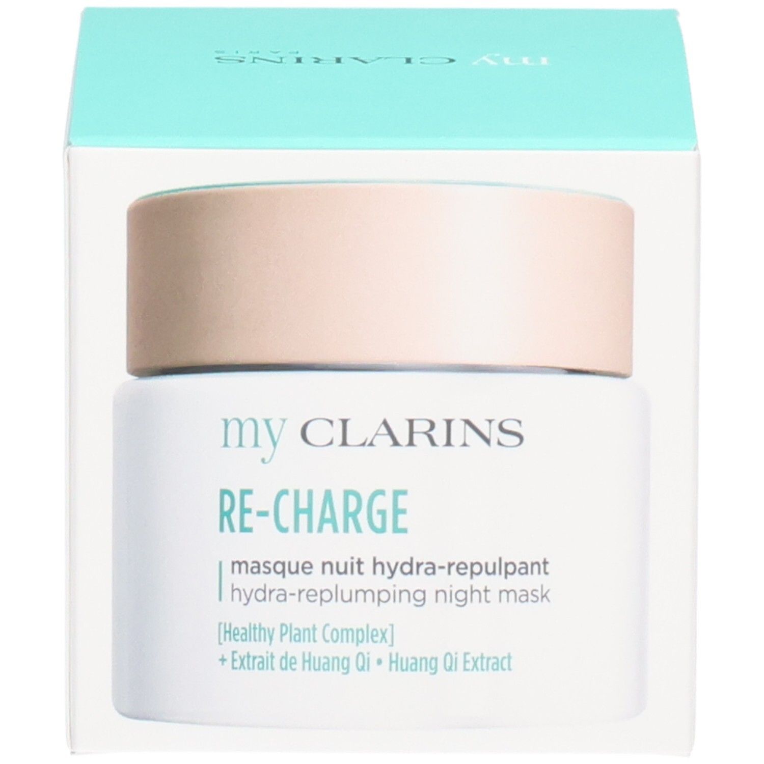 CLARINS MY RE CHARGE MASQUE NUIT HYDRA REPULPANT TP 50 ML dans son emballage. Pot avec couvercle bleu clair.
