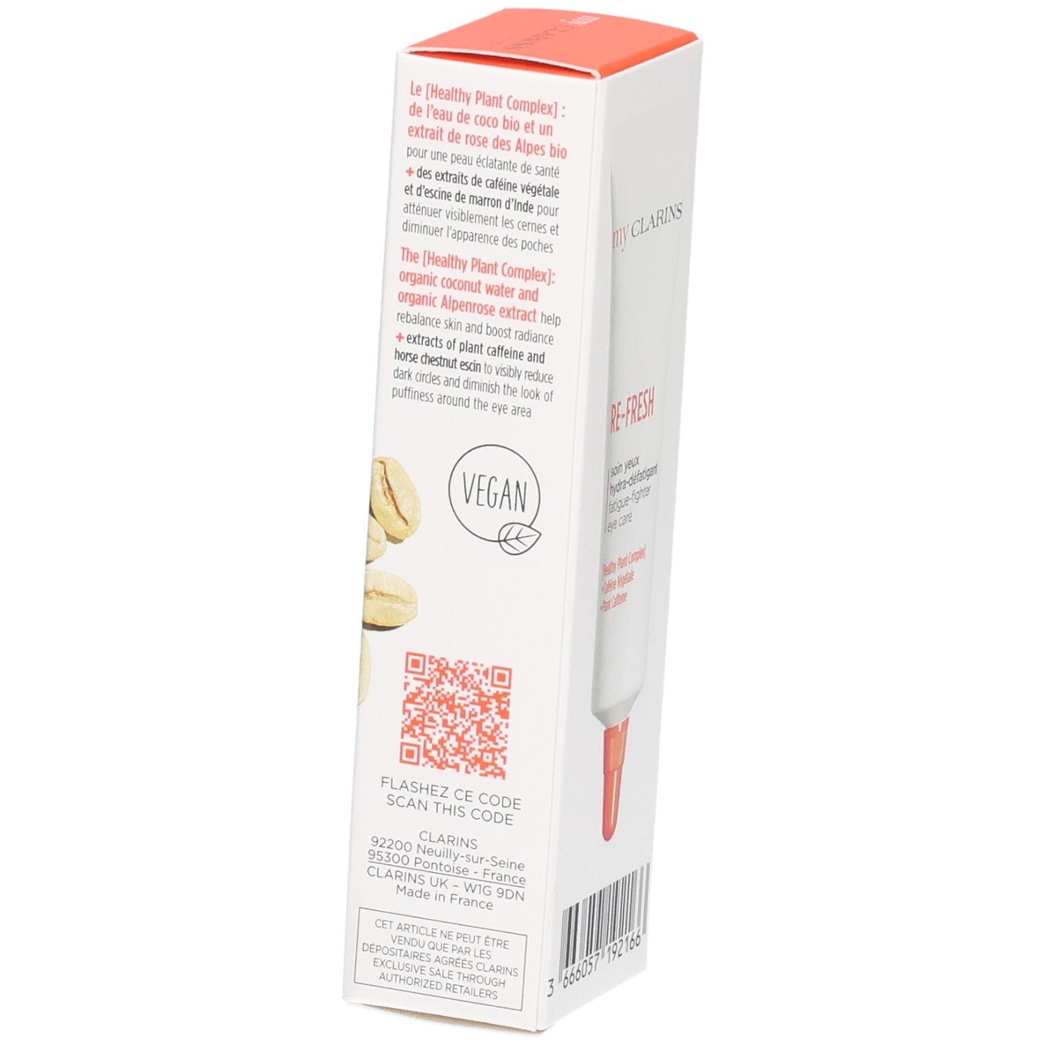 Côté de l'emballage My Clarins soin yeux avec QR code et sceau vegan.