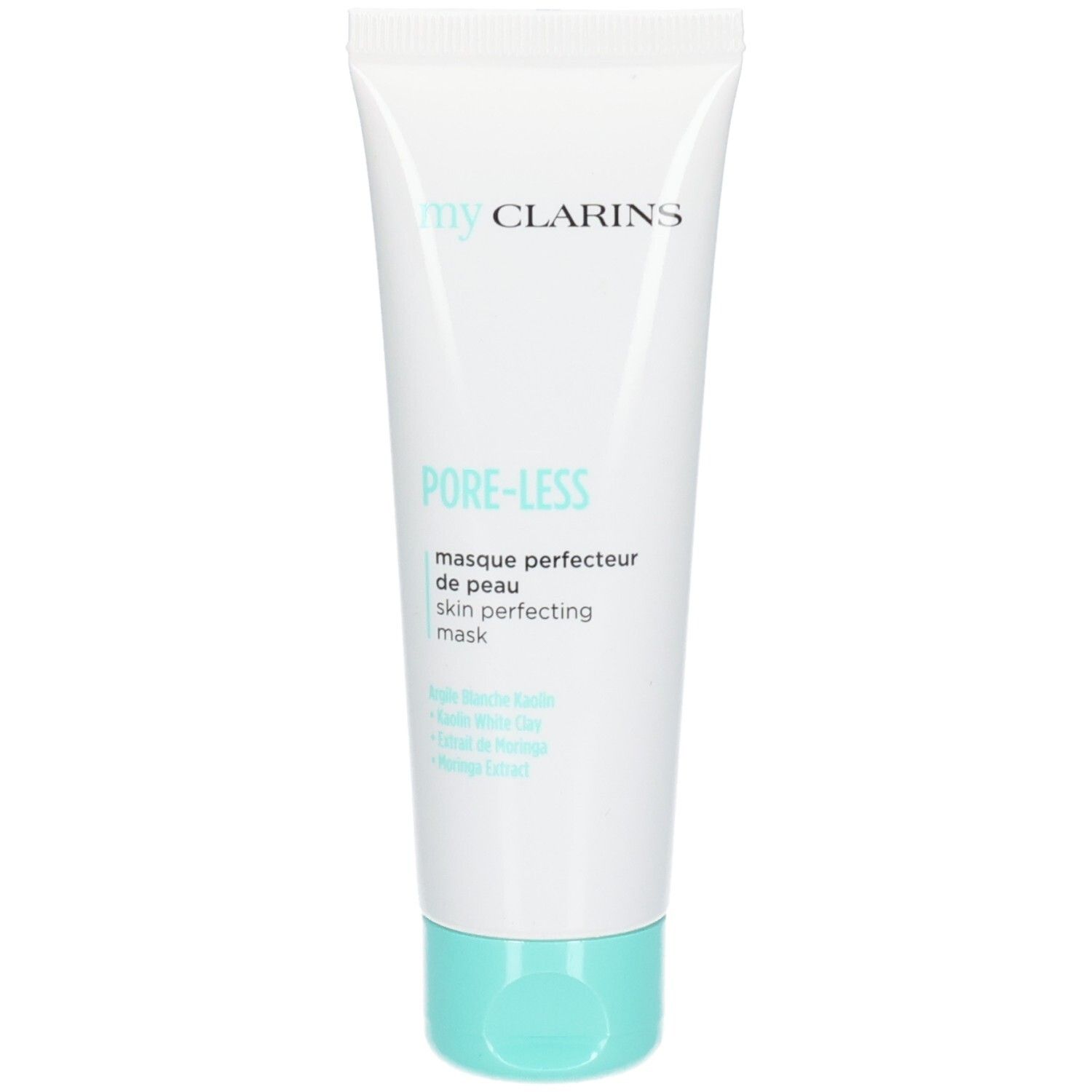 Masque Perfecteur de Peau Pore-Less de Clarins en tube blanc avec bouchon turquoise.