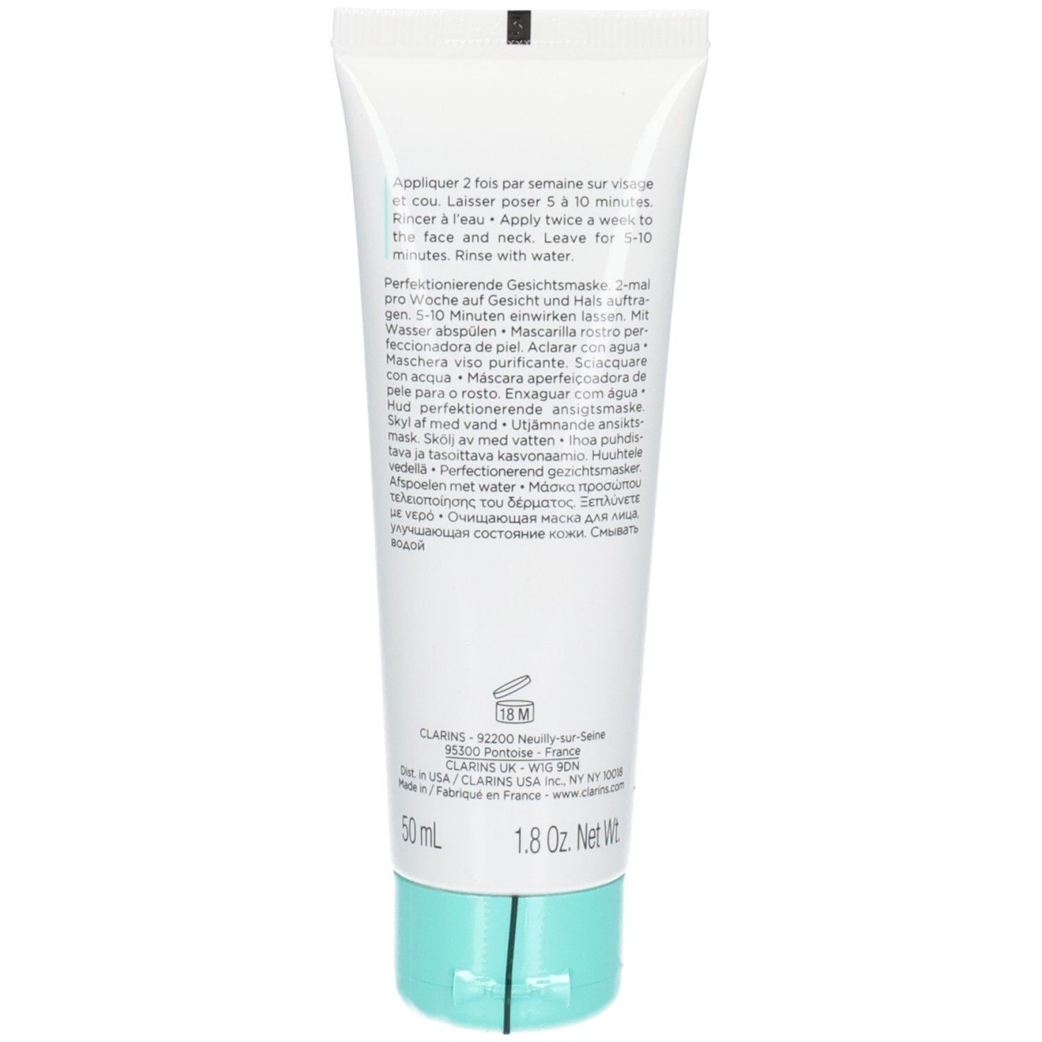 Arrière du Masque Perfecteur de Peau Pore-Less de Clarins avec instructions et informations.