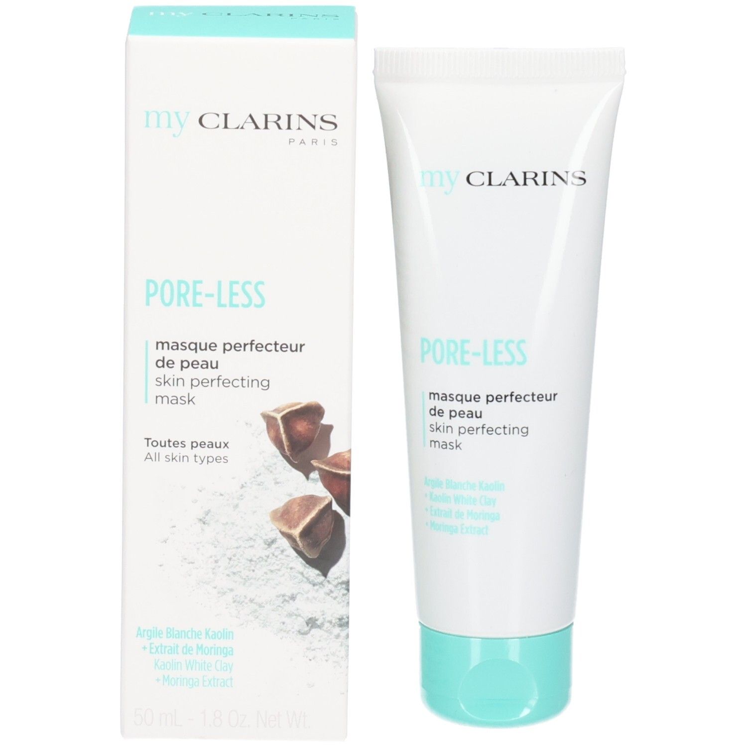 Masque Perfecteur de Peau Pore-Less de Clarins et son emballage, motif fèves de cacao et argile.