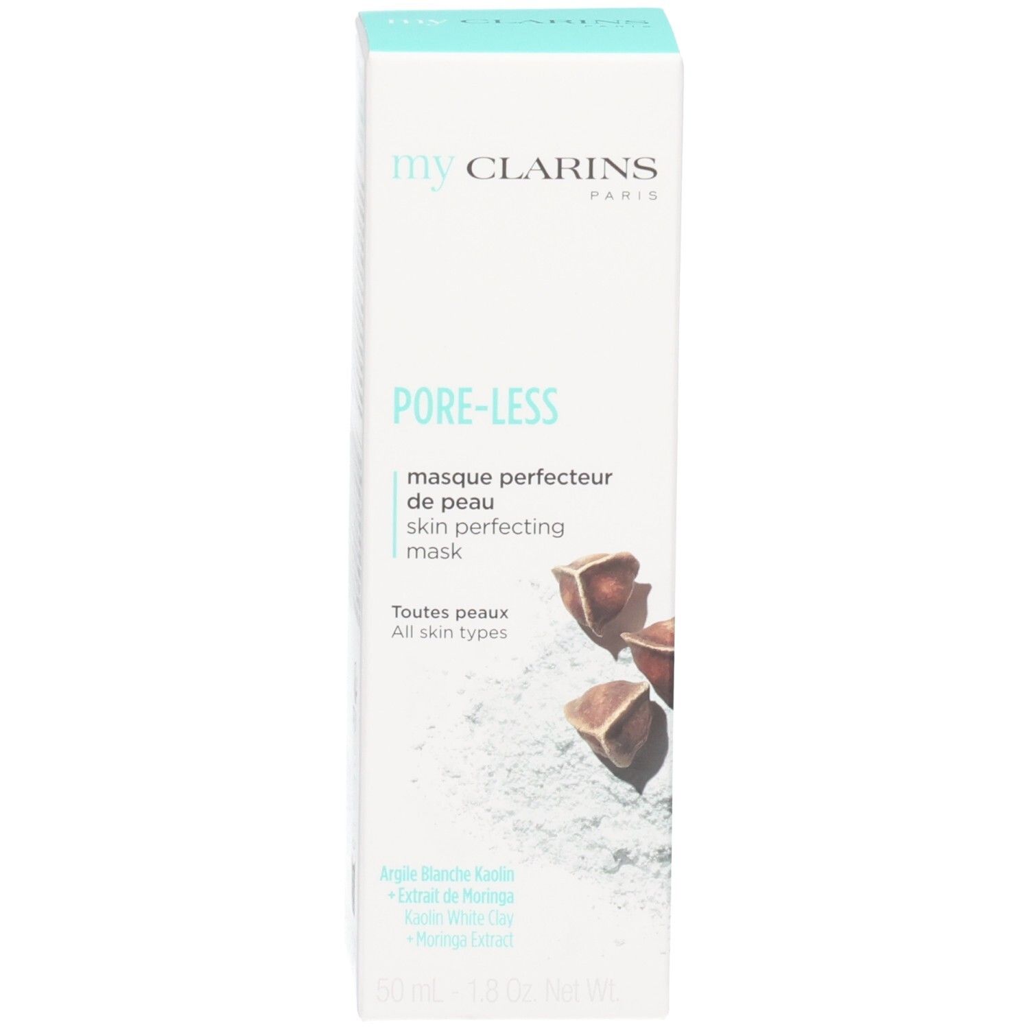 Emballage du Masque Perfecteur de Peau Pore-Less de Clarins avec motif fèves de cacao et argile.