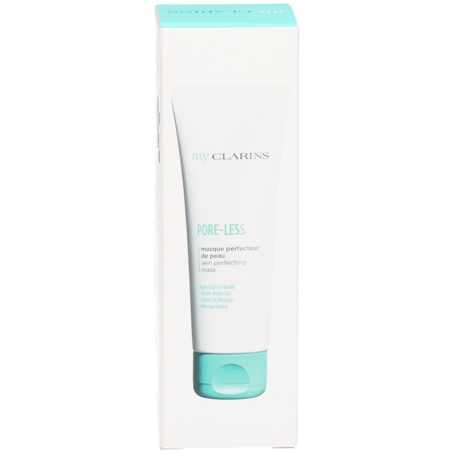 Masque Perfecteur de Peau Pore-Less de Clarins en tube blanc, présenté dans son emballage.