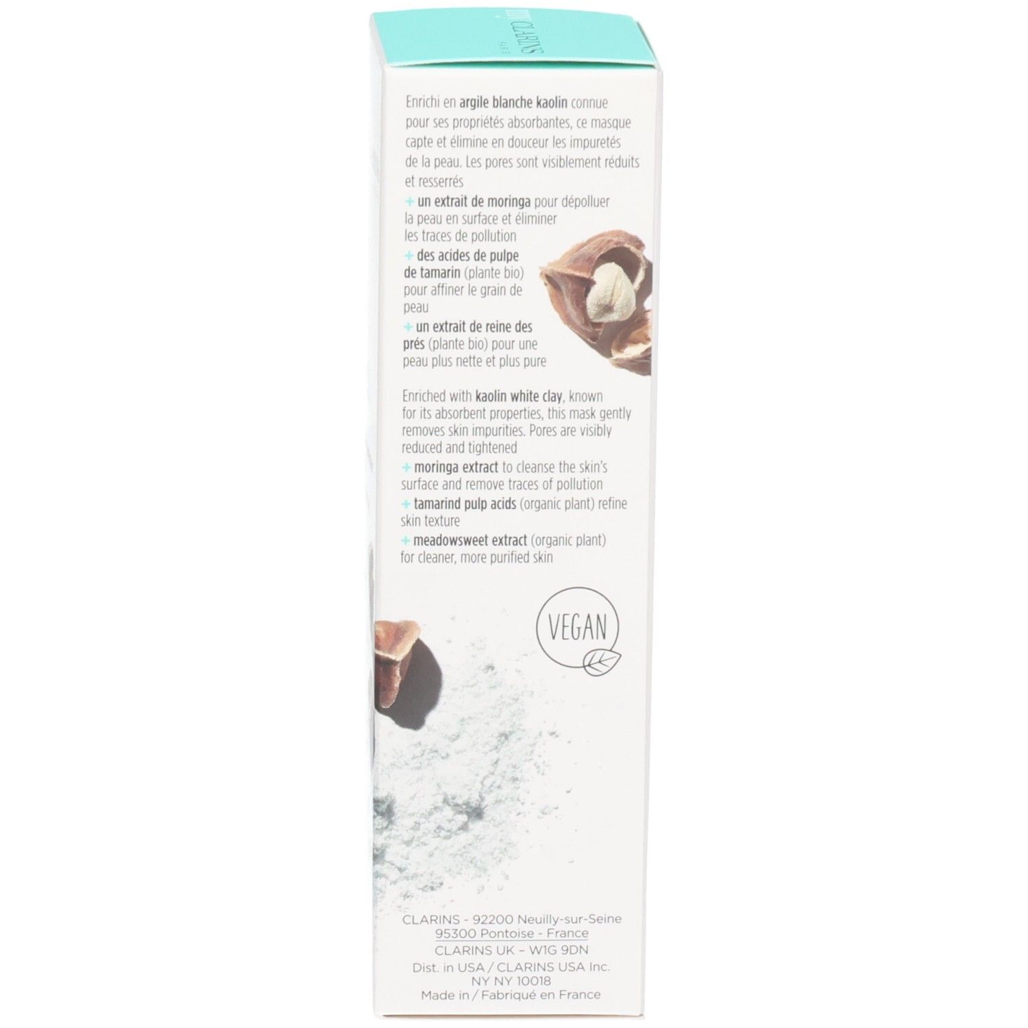 Côté de l'emballage Masque Pore-Less Clarins avec ingrédients et label Vegan.