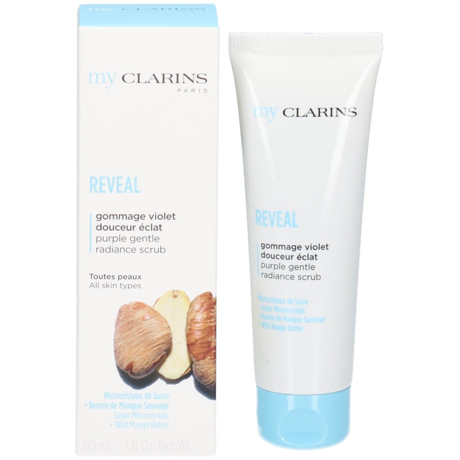 Clarins My Clarins Reveal Gommage violet tube et boîte avec des noix.