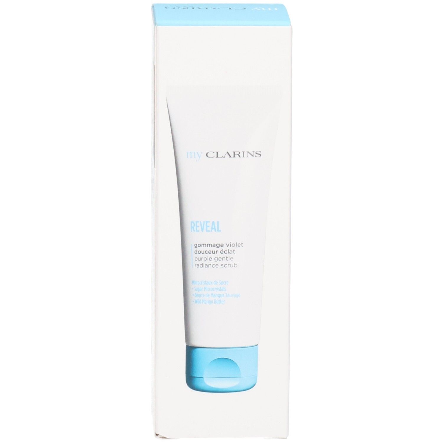 Clarins My Clarins Reveal Gommage violet tube dans boîte avec bouchon bleu.