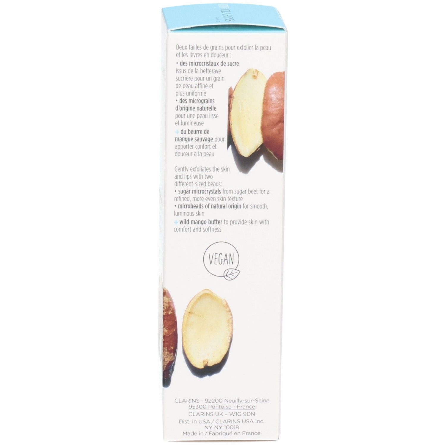 Clarins My Clarins Reveal Boîte avec noix, sceau vegan et description du gommage.
