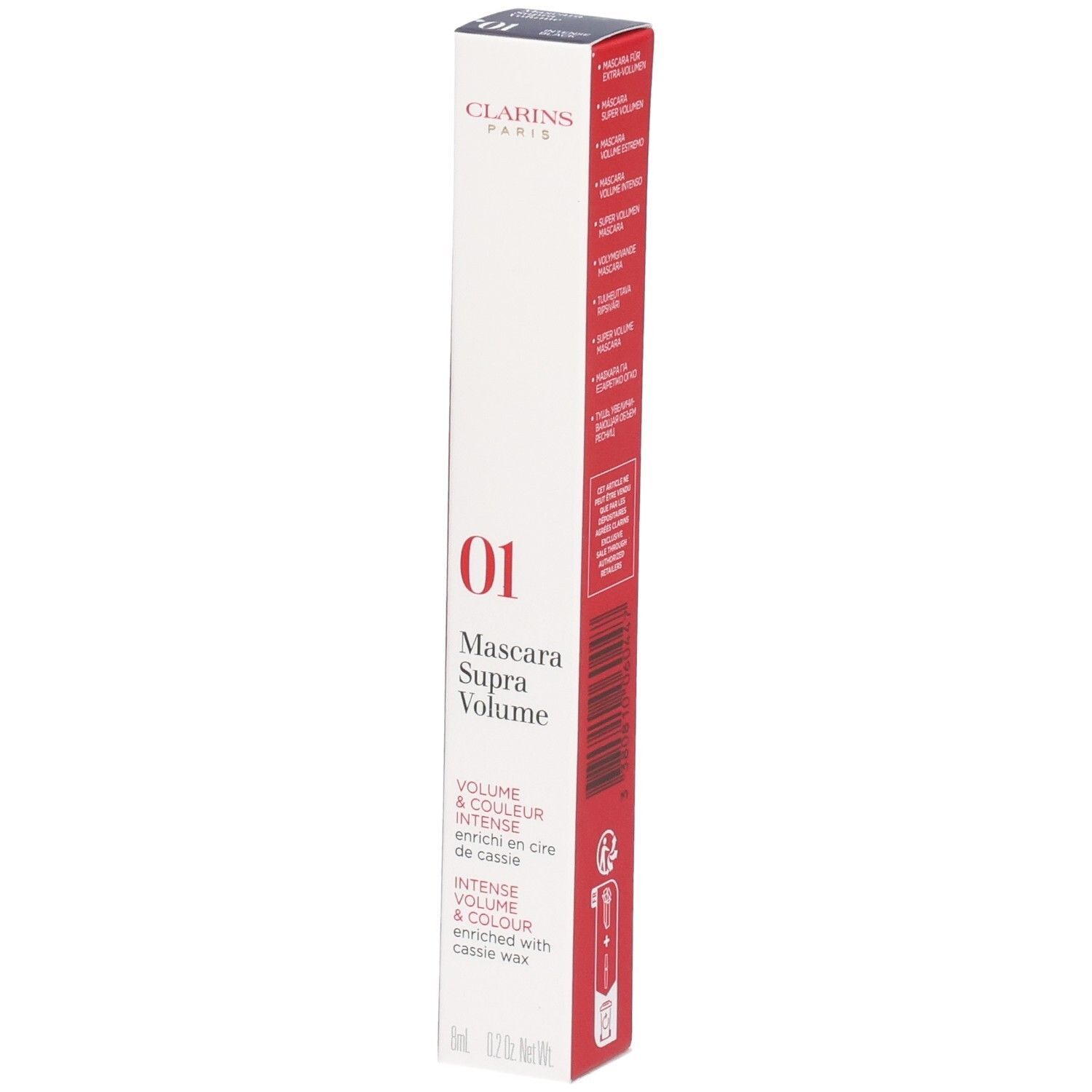 Emballage du Mascara Supra Volume Clarins, teinte 01 Noir Intense.