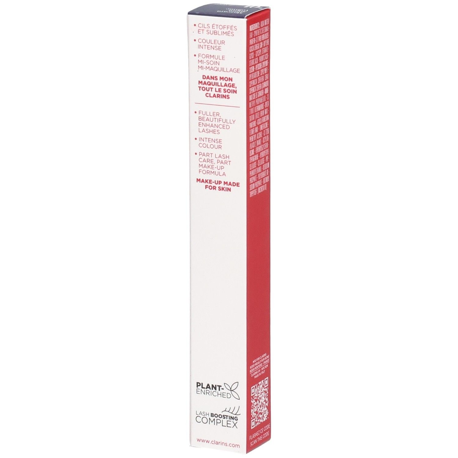Emballage du Mascara Supra Volume Clarins avec caractéristiques produit.