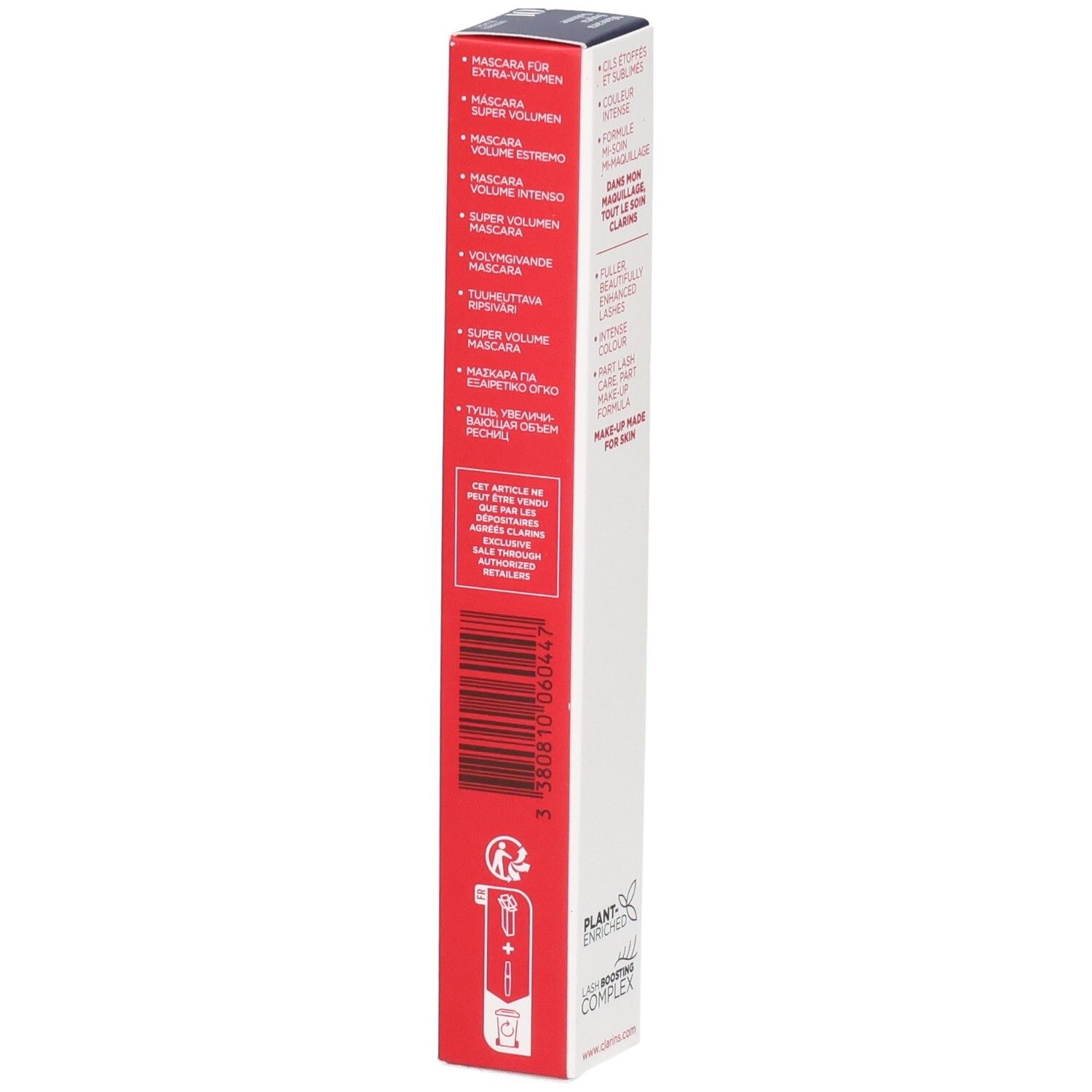 Emballage du Mascara Supra Volume Clarins avec code-barres et indications.