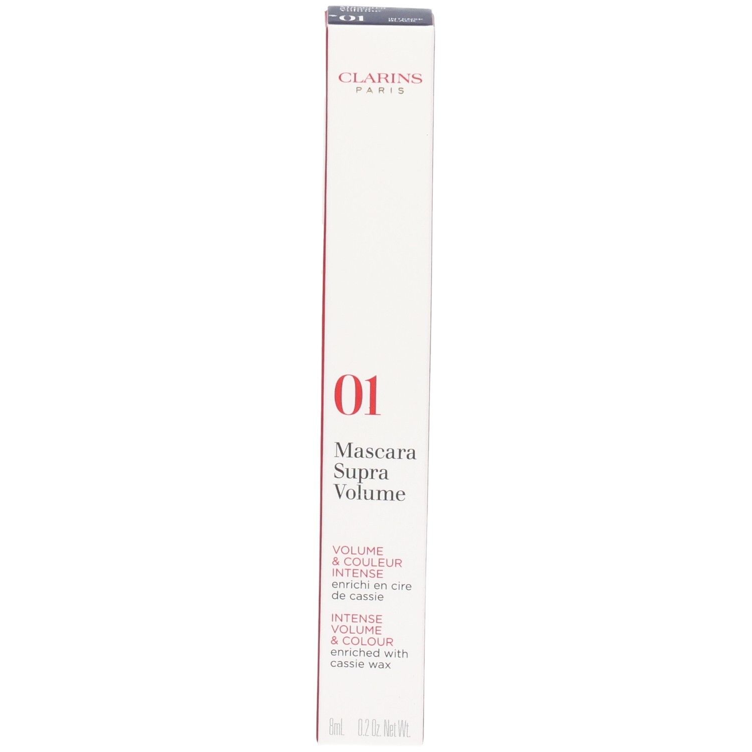 Emballage du Mascara Supra Volume Clarins, teinte 01 Noir Intense.