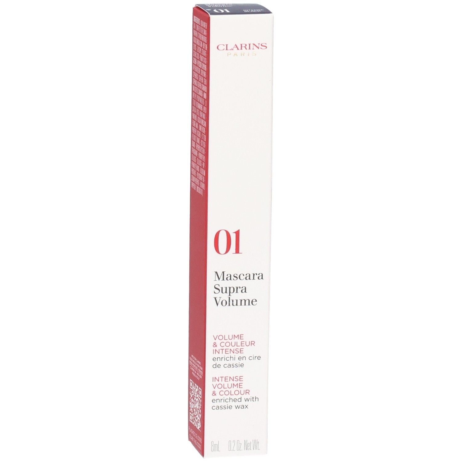 Emballage du Mascara Supra Volume Clarins, teinte 01 Noir Intense.