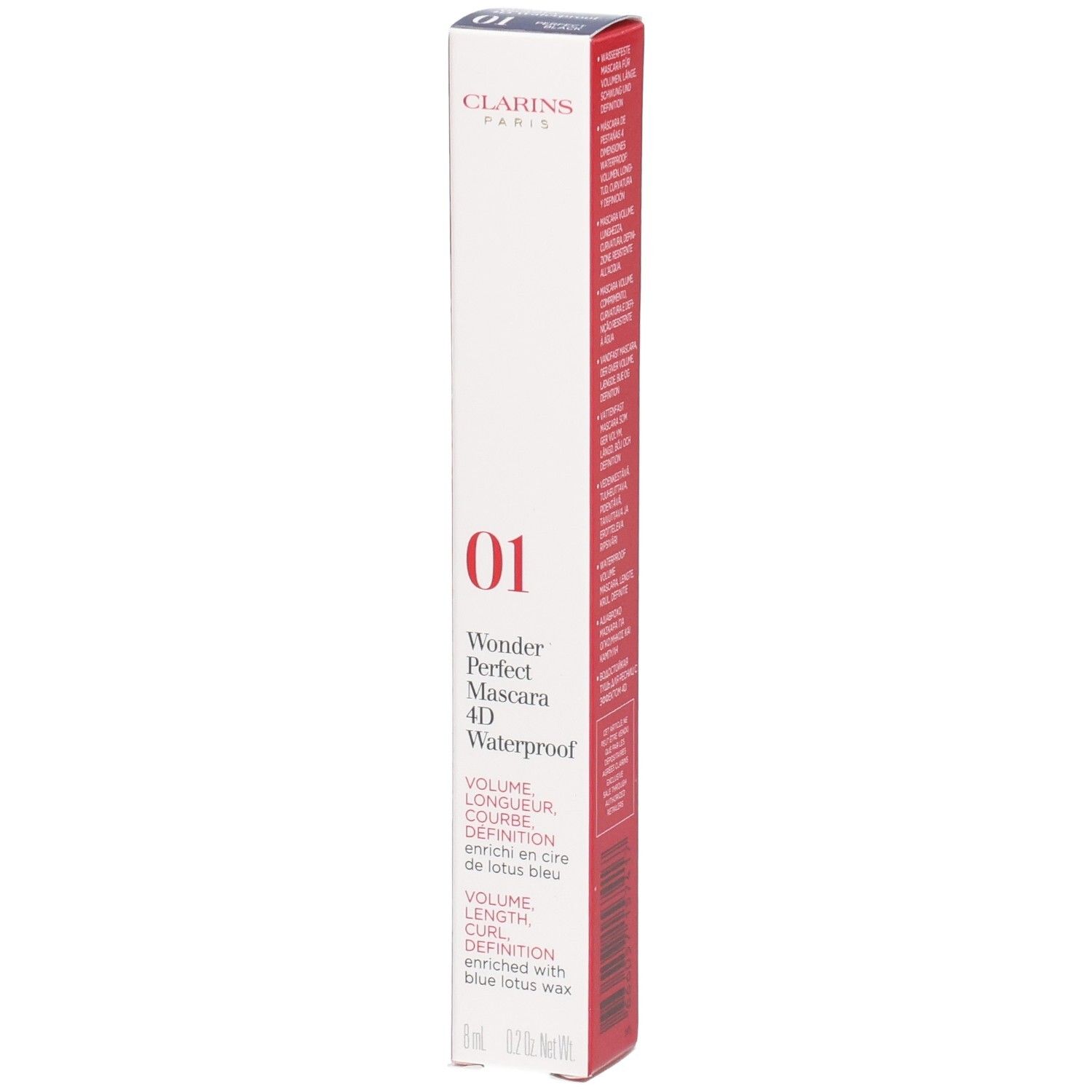 Clarins Wonder Perfect Mascara 4D Waterproof, boîte avec informations produit et numéro 01.