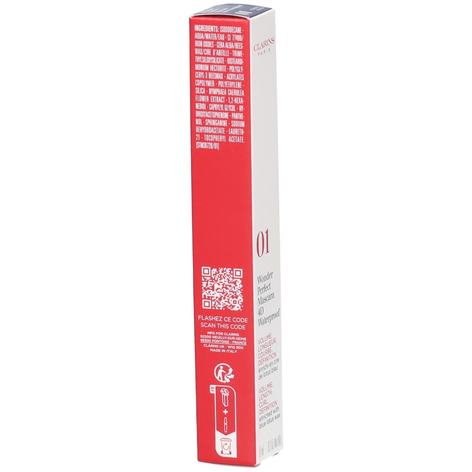 Clarins Wonder Perfect Mascara 4D Waterproof, arrière de la boîte avec QR code et instructions d'application.