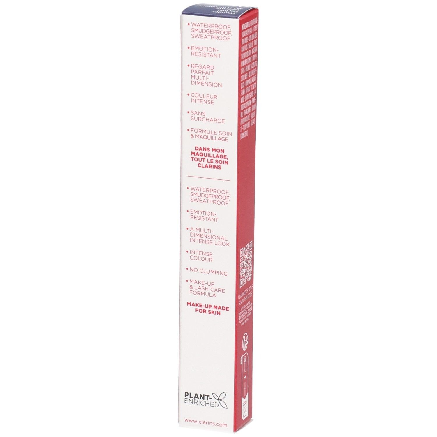 Clarins Wonder Perfect Mascara 4D Waterproof, vue latérale de la boîte avec caractéristiques produit et logo.