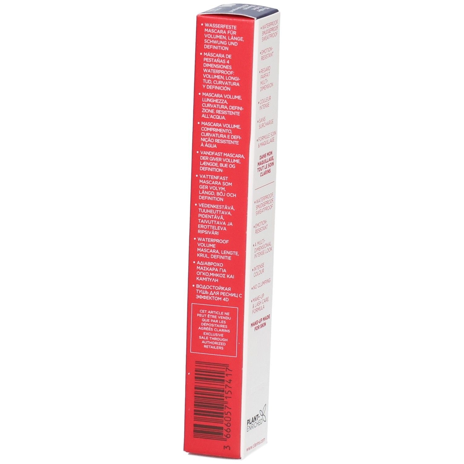 Clarins Wonder Perfect Mascara 4D Waterproof, boîte avec descriptions produit multilingues et code-barres.
