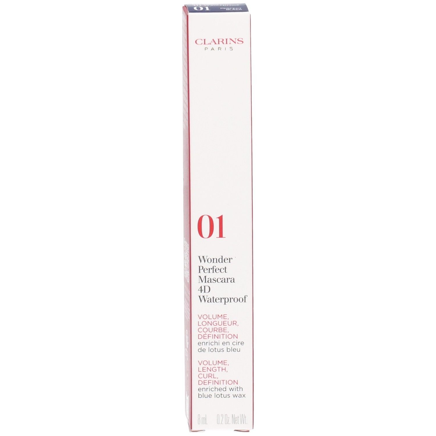 Clarins Wonder Perfect Mascara 4D Waterproof, boîte avec informations produit et numéro 01.