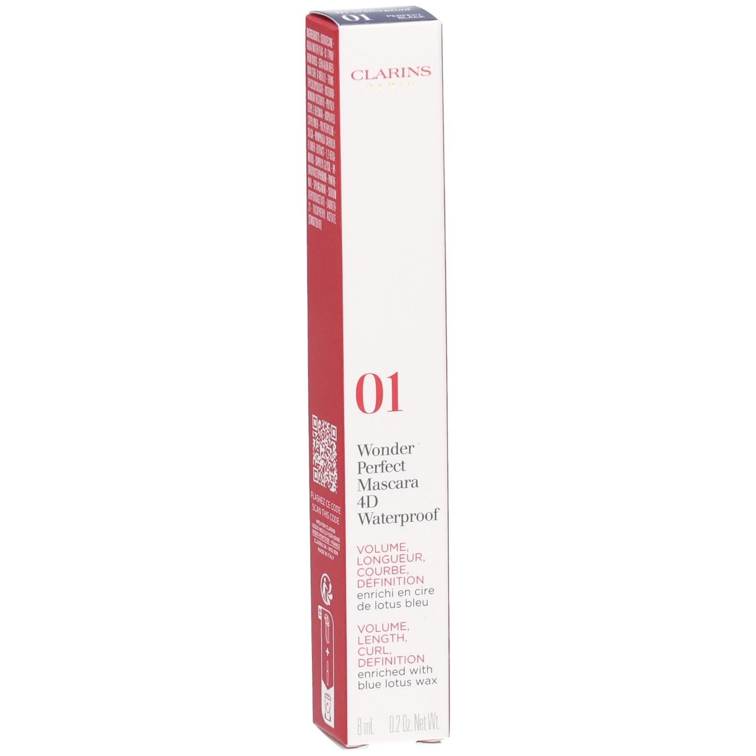 Clarins Wonder Perfect Mascara 4D Waterproof, boîte avec informations produit et numéro 01.