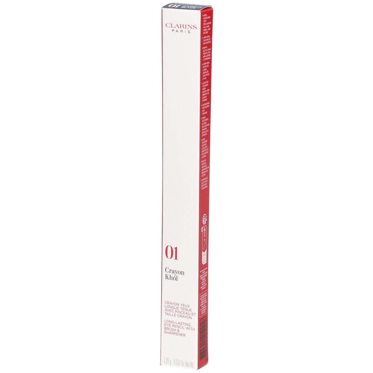 Clarins Crayon Khôl 01 Carbon Black dans son emballage blanc et rouge.