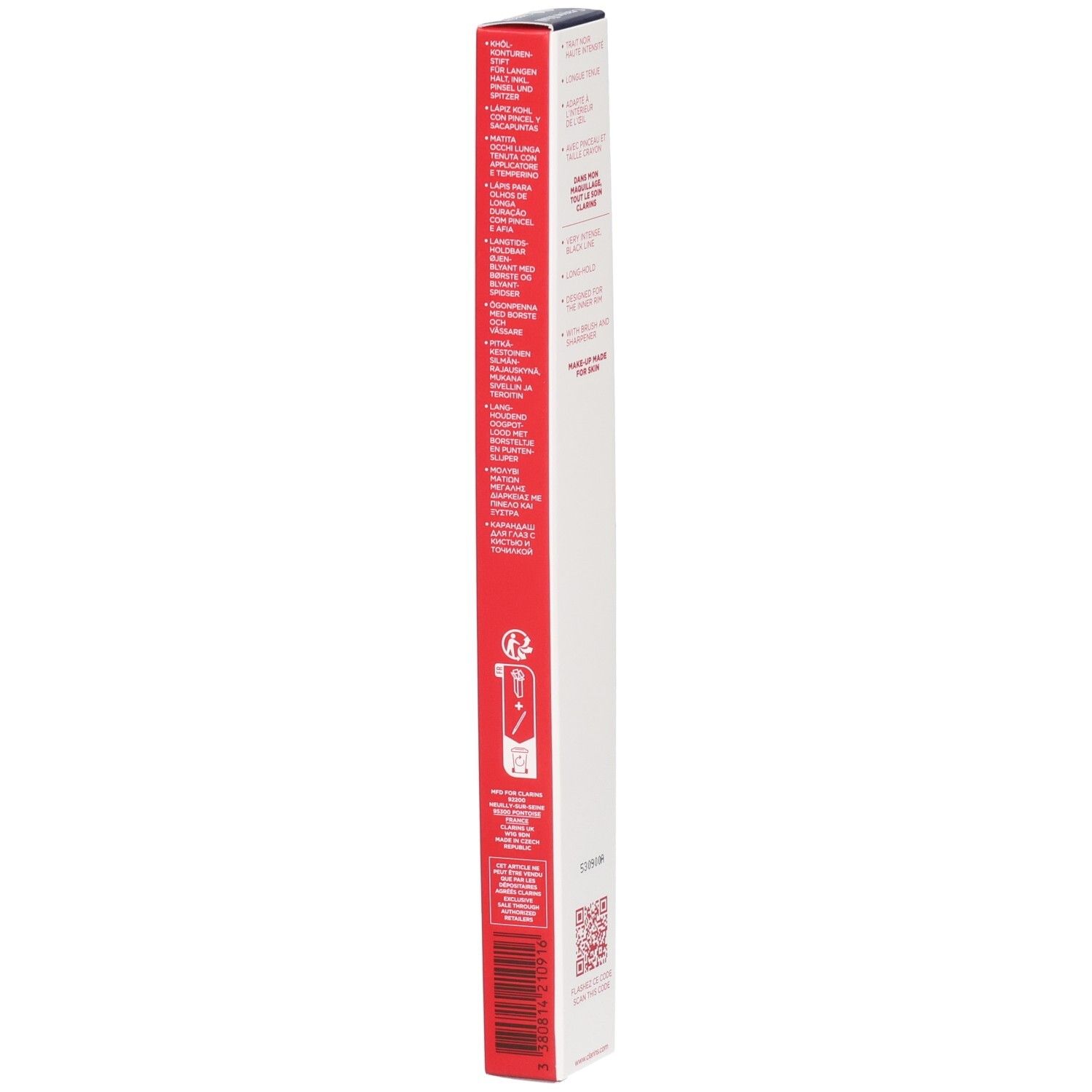 Clarins Crayon Khôl 01 Carbon Black, emballage avec texte et symboles.