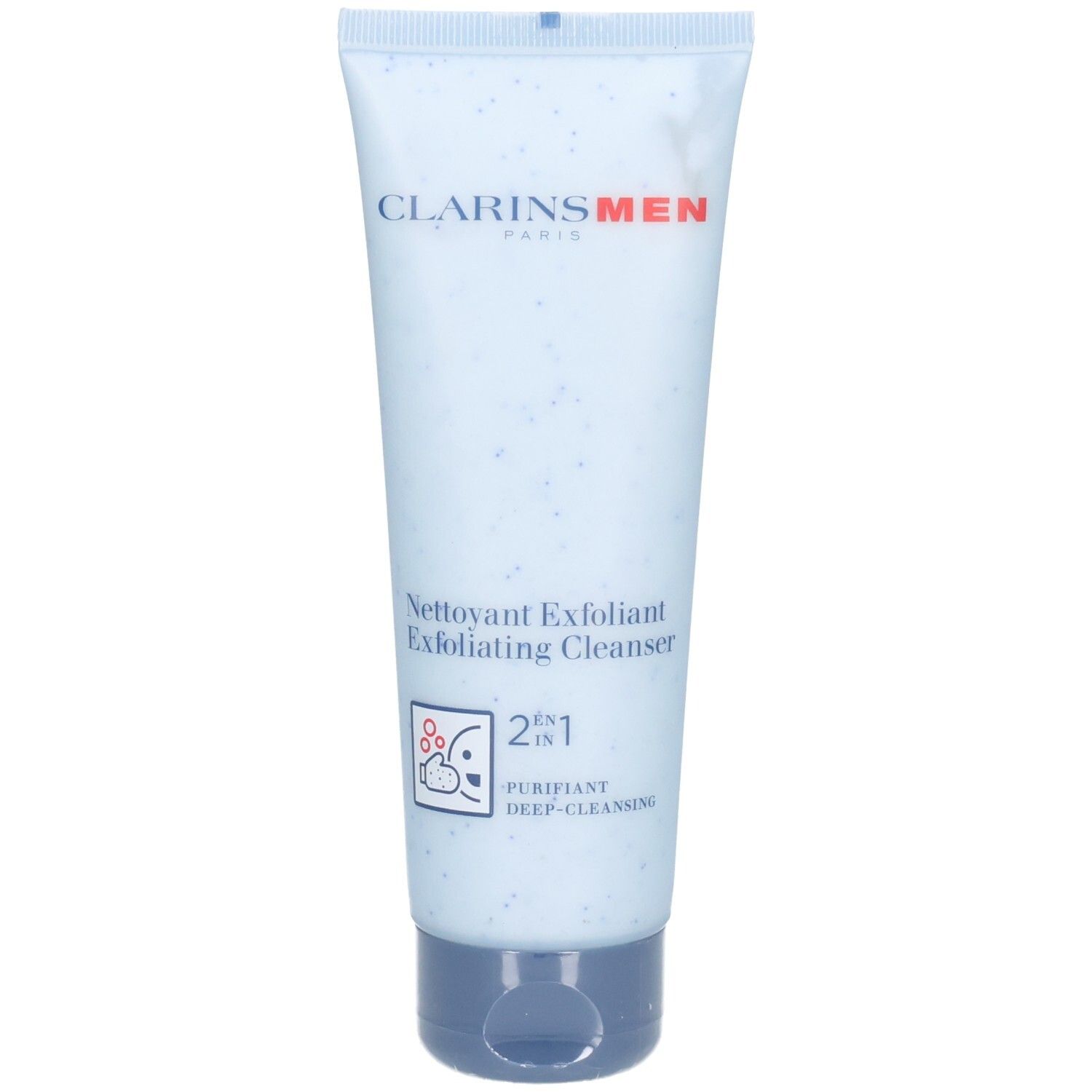 ClarinsMen Nettoyant Exfoliant pour homme, tube de 125 ml avec bouchon rabattable.