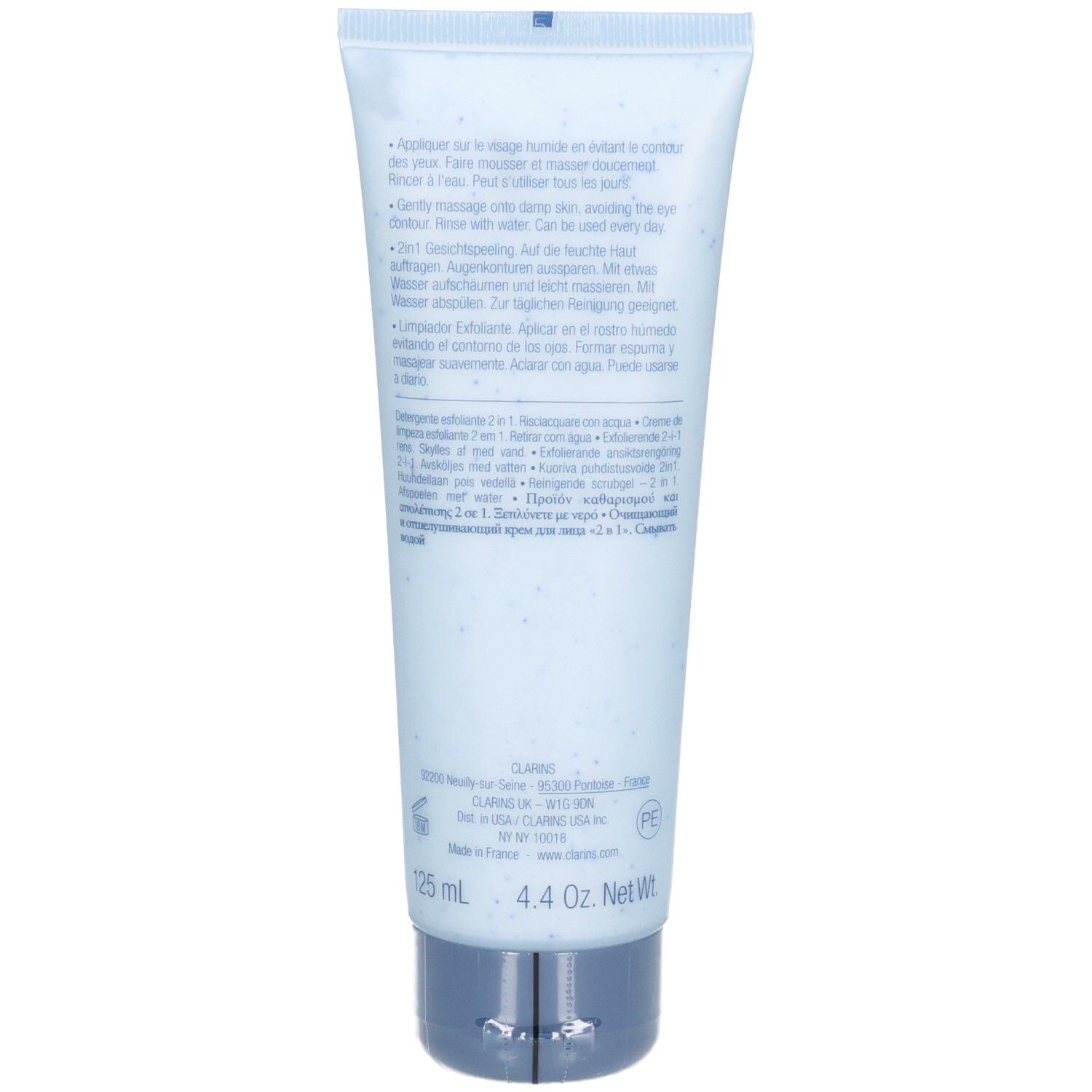 Arrière du tube ClarinsMen Nettoyant Exfoliant avec instructions d'utilisation et informations produit.