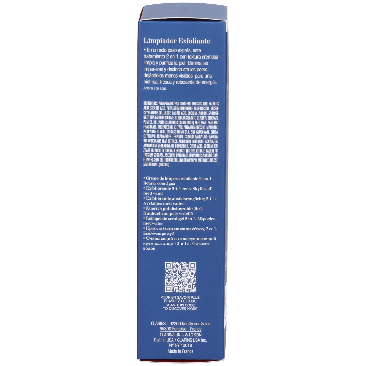 Vue latérale de la boîte pliante ClarinsMen Nettoyant Exfoliant avec ingrédients et instructions.