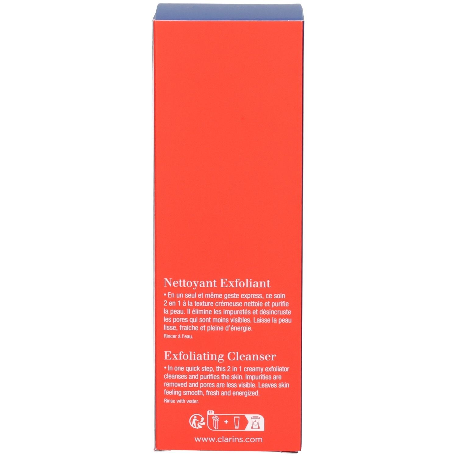 Arrière de la boîte pliante ClarinsMen Nettoyant Exfoliant avec description du produit.