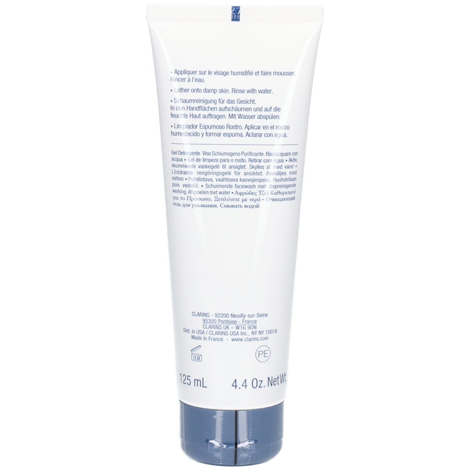 Arrière du tube Clarins Men Nettoyant Visage avec instructions et informations produit.