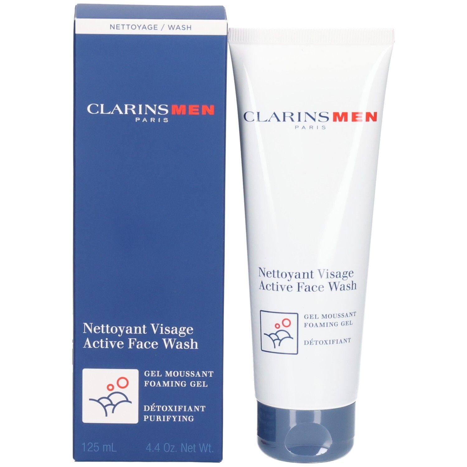Tube et boîte Clarins Men Nettoyant Visage. Contient 125 ml.