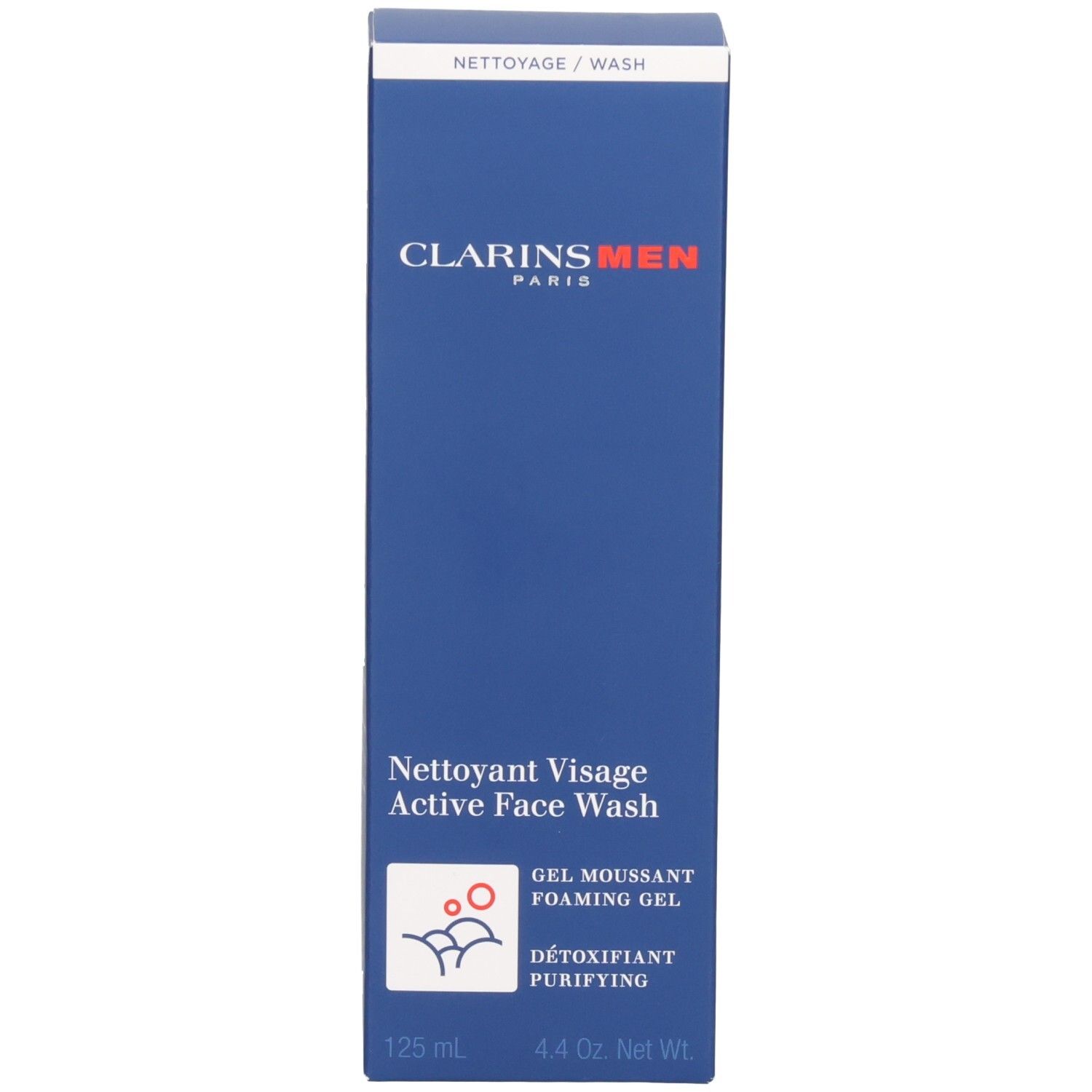 Vue latérale de la boîte Clarins Men Nettoyant Visage avec informations produit.