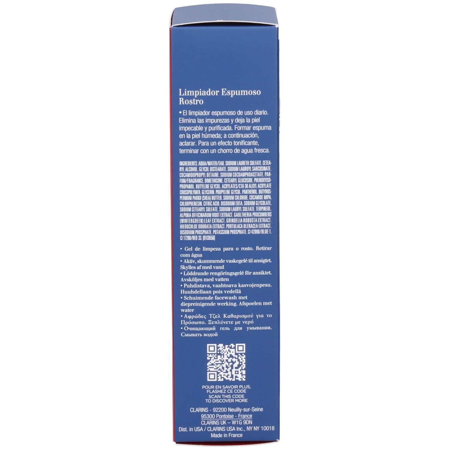 Vue latérale de la boîte Clarins Men Nettoyant Visage avec instructions d'utilisation.