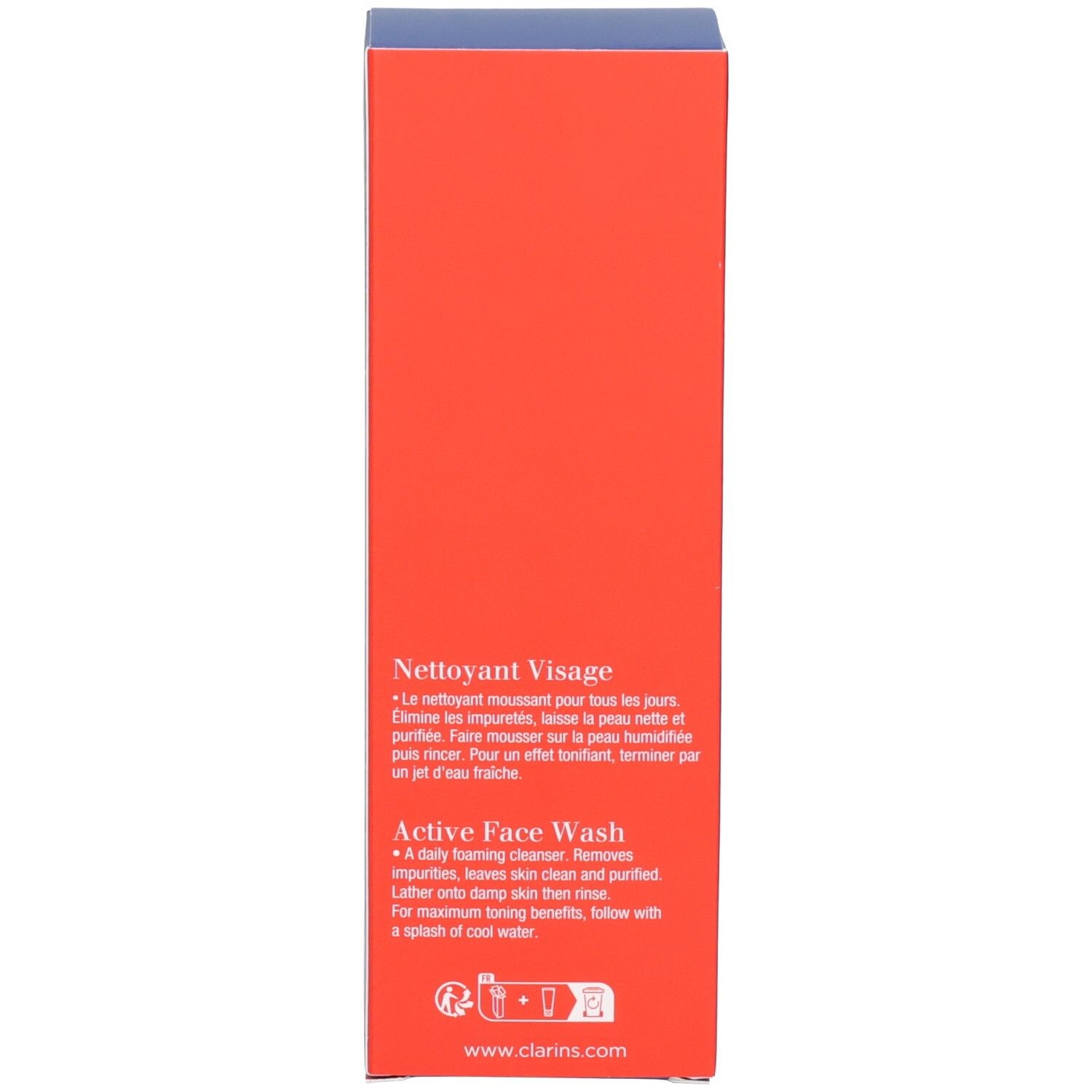 Vue latérale de la boîte Clarins Men Nettoyant Visage avec instructions d'utilisation.