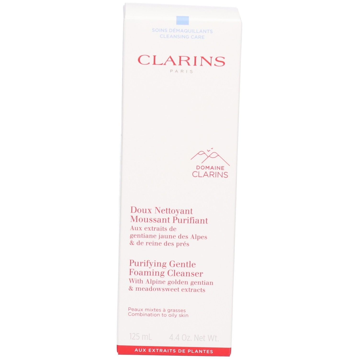 Boîte d'emballage blanche pour nettoyant Clarins. Nom de marque rouge et informations produit sur le devant.