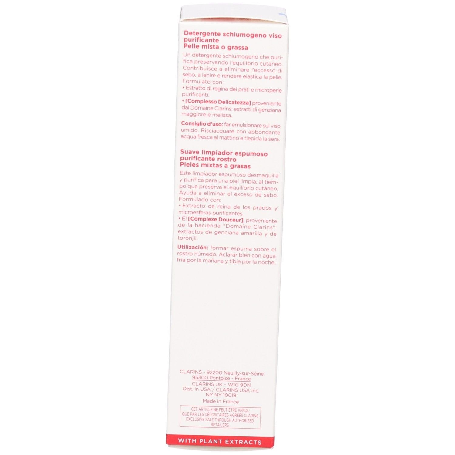 Côté de l'emballage du nettoyant Clarins avec des informations détaillées sur le produit en plusieurs langues.