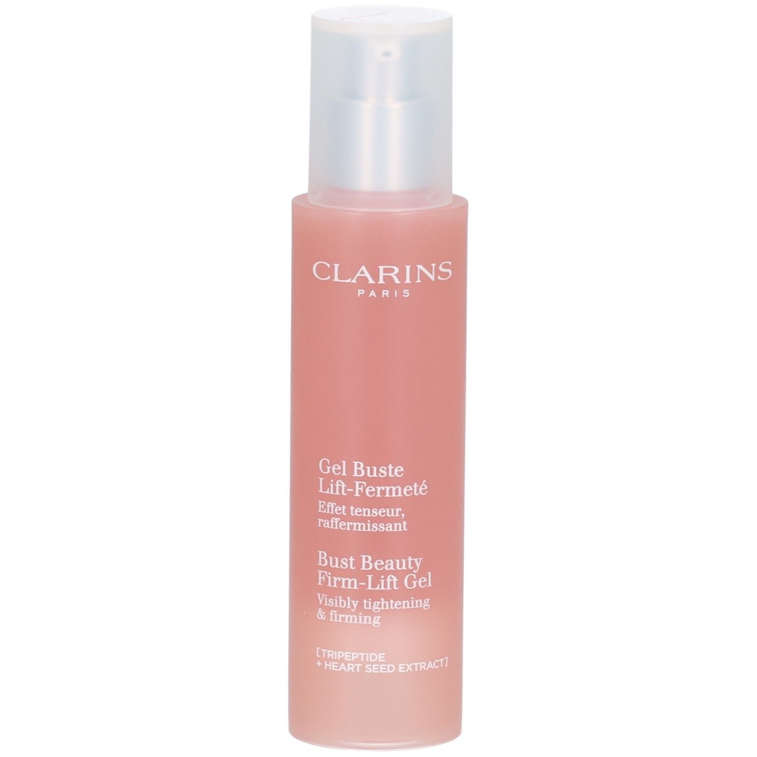 Gel Bust Beauty Firm-Lift Clarins dans flacon rose avec pompe. Contient Tripeptide et extrait de graine de cœur.