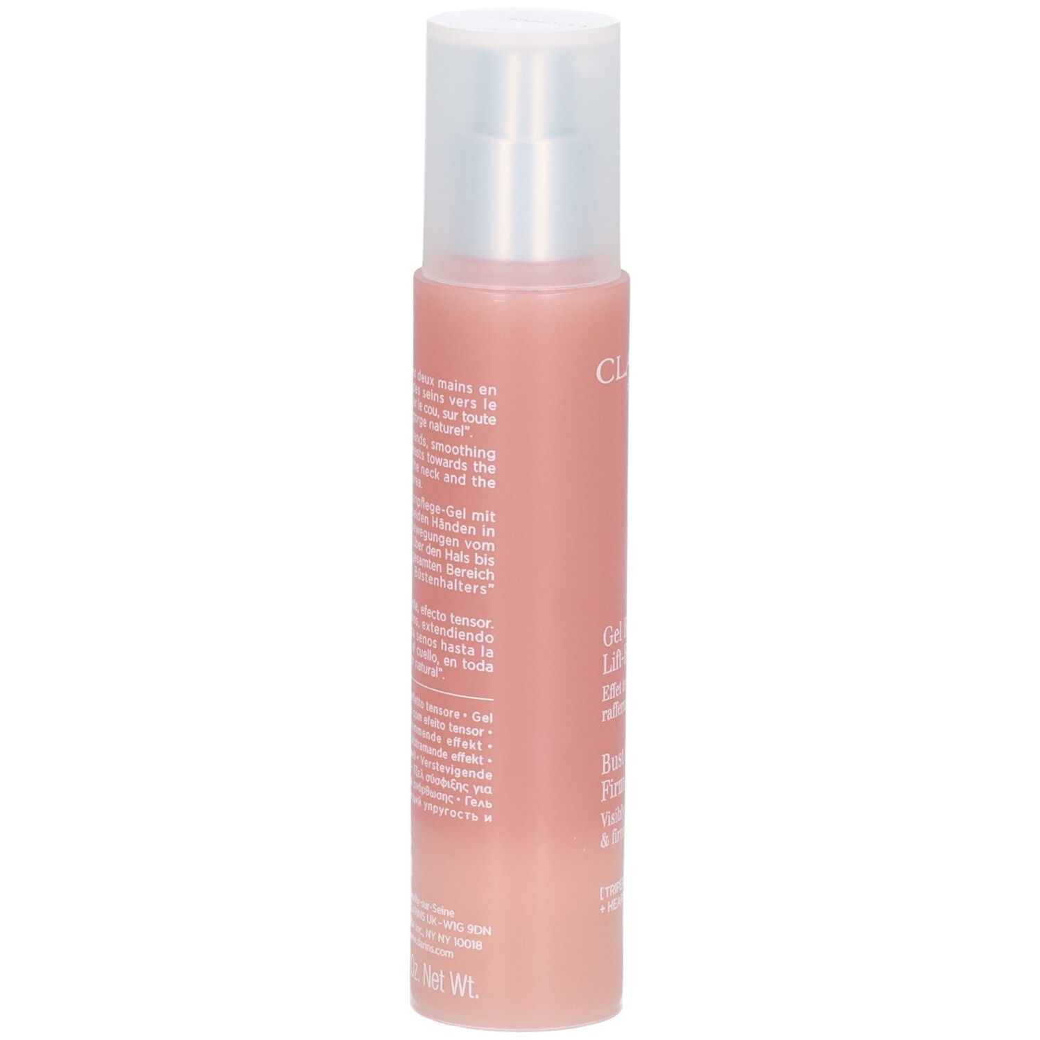 Gel Bust Beauty Firm-Lift Clarins, verso avec instructions et ingrédients. Flacon rose avec pompe.