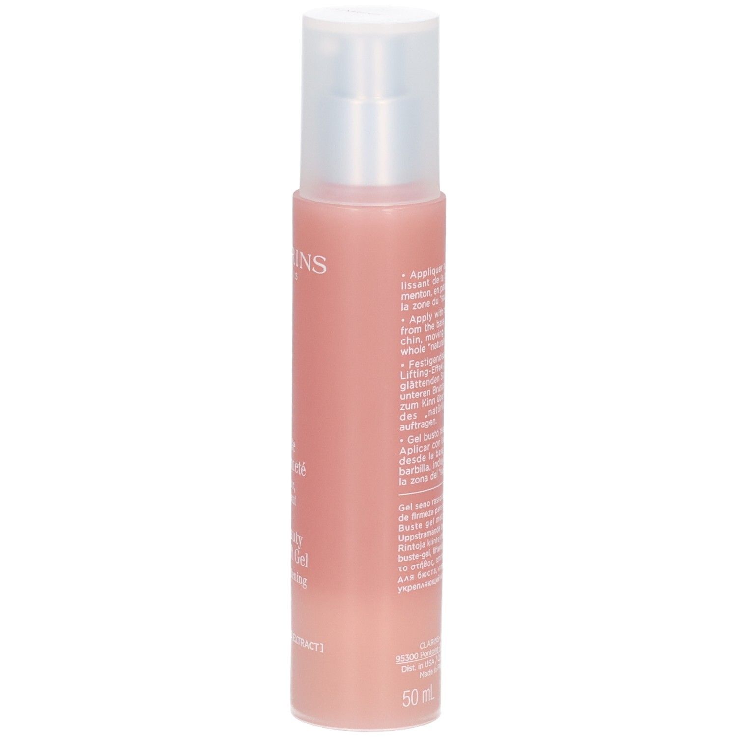 Gel Bust Beauty Firm-Lift Clarins, flacon avec pompe. Texte en allemand, français, italien, néerlandais.