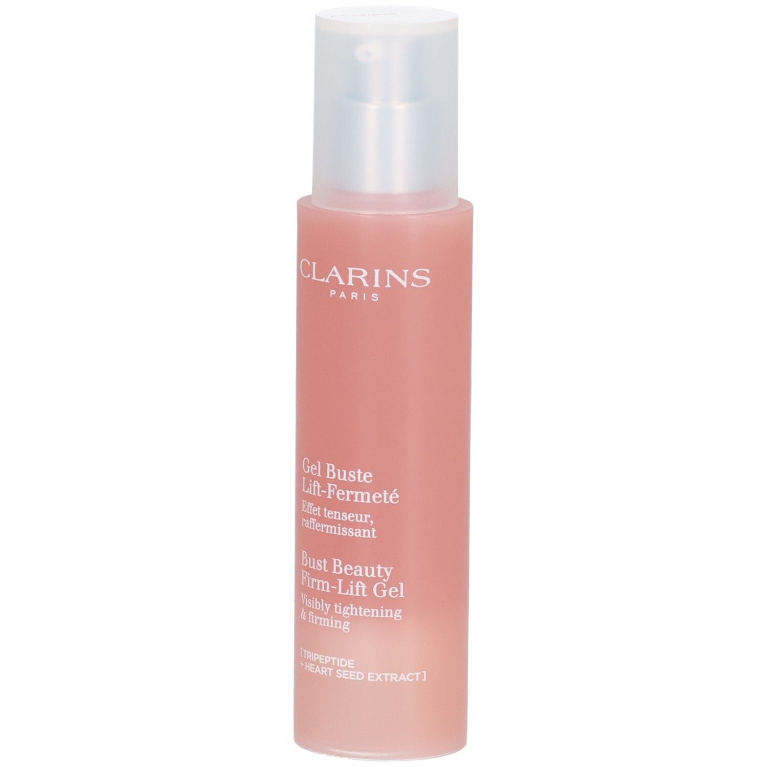 Gel Bust Beauty Firm-Lift Clarins, flacon rose avec pompe. Contient Tripeptide et extrait de graine de cœur.