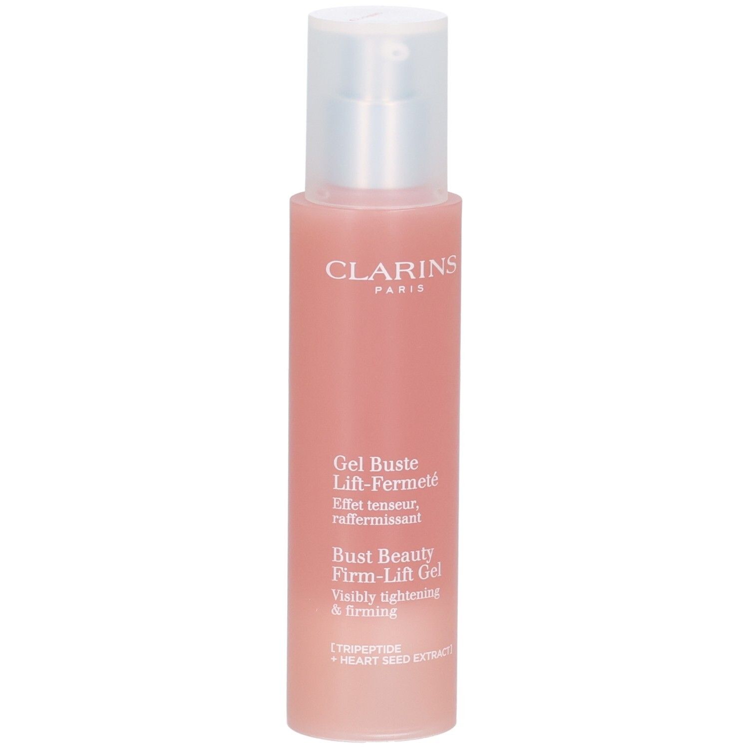 Gel Bust Beauty Firm-Lift Clarins, flacon rose avec pompe. Contient Tripeptide et extrait de graine de cœur.