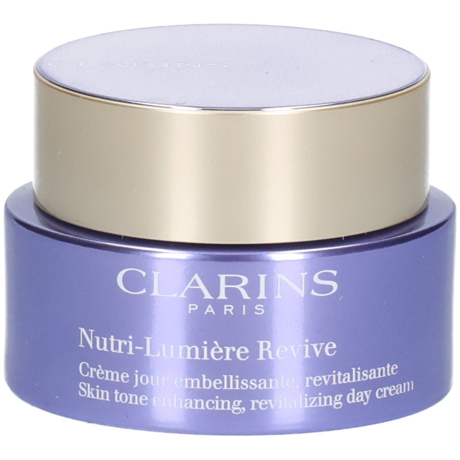 Crème de jour Clarins Nutri-Lumiere Revive dans un pot violet avec un couvercle doré.