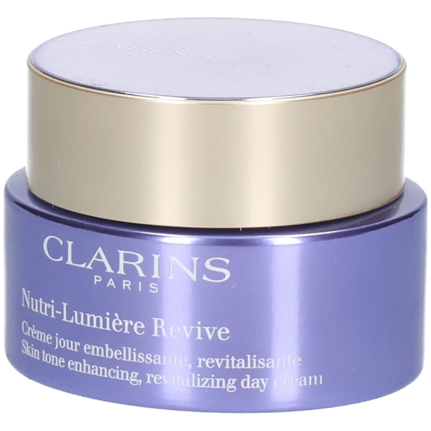 Crème de jour Clarins Nutri-Lumiere Revive dans un pot violet avec un couvercle doré.