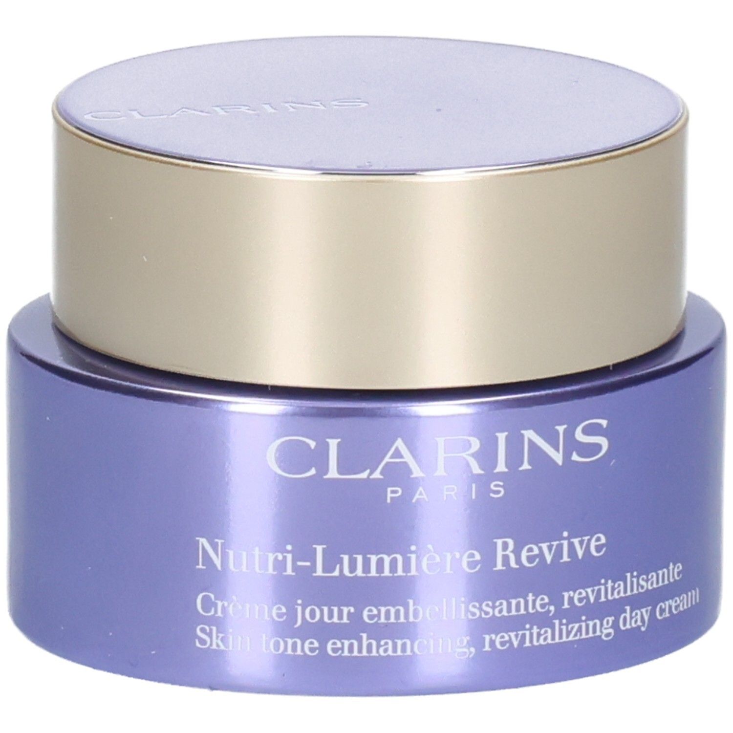 Crème de jour Clarins Nutri-Lumiere Revive dans un pot violet avec un couvercle doré.