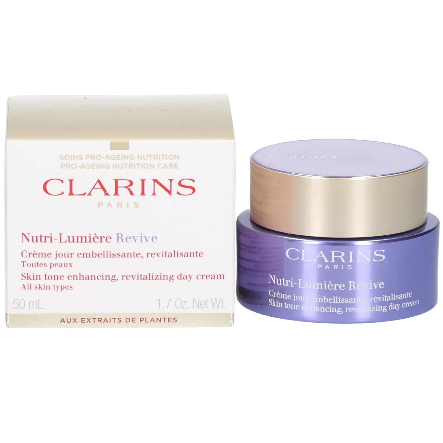 Clarins Nutri-Lumiere Revive crème de jour et sa boîte, 50 ml.