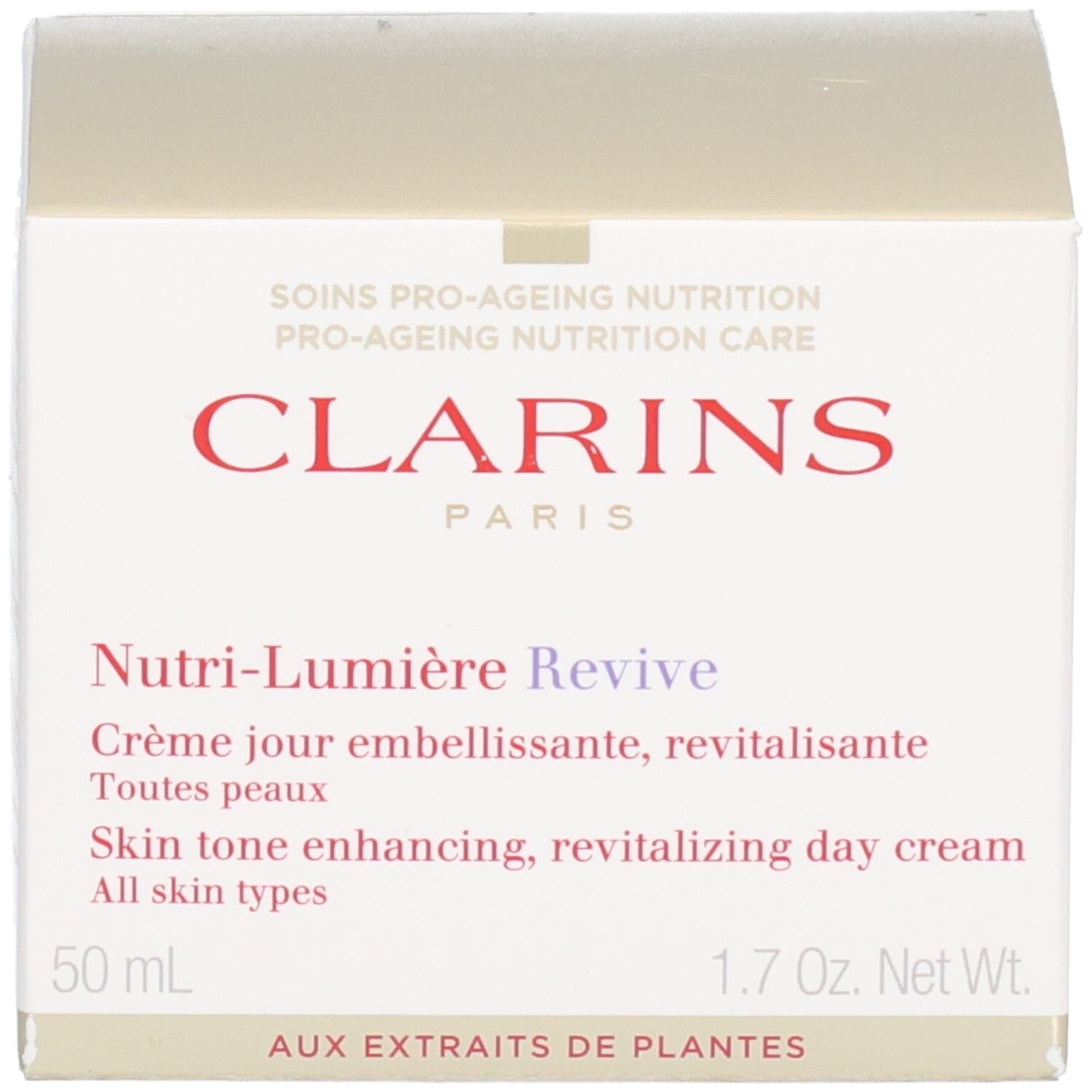 Clarins Nutri-Lumiere Revive crème de jour et sa boîte, 50 ml.