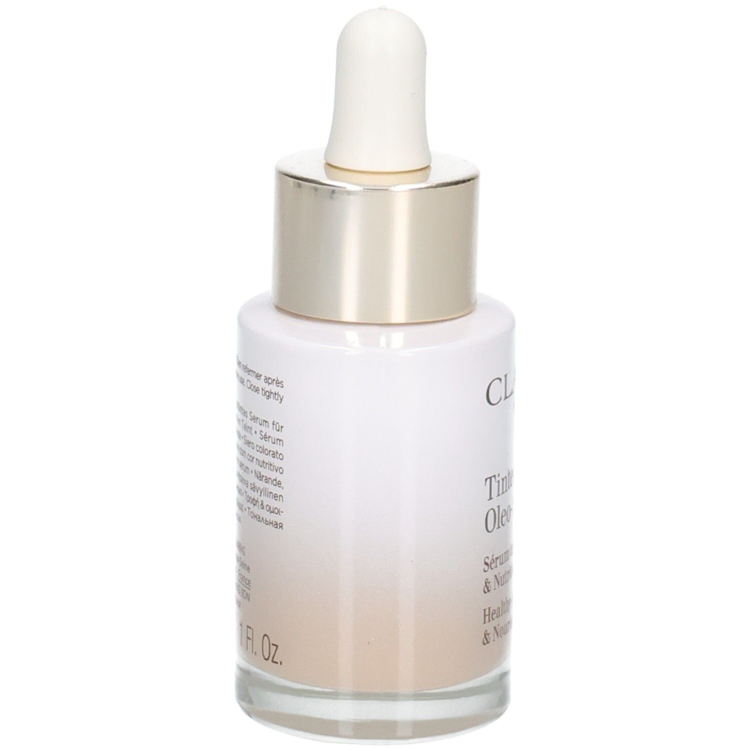 Flacon Clarins Tinted Oleo-Serum, vue de côté avec texte.