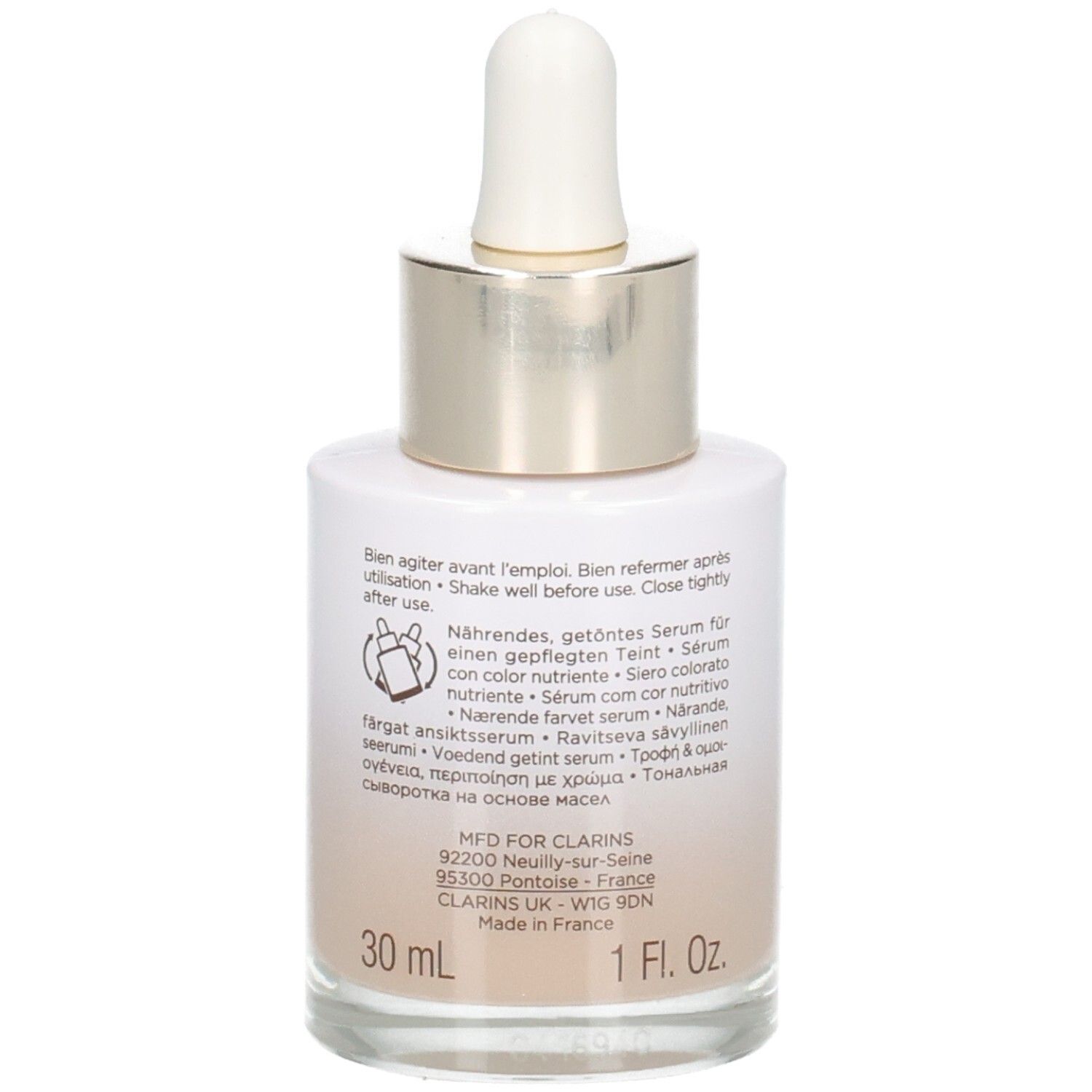 Flacon Clarins Tinted Oleo-Serum, dos avec texte et indication 30ml.