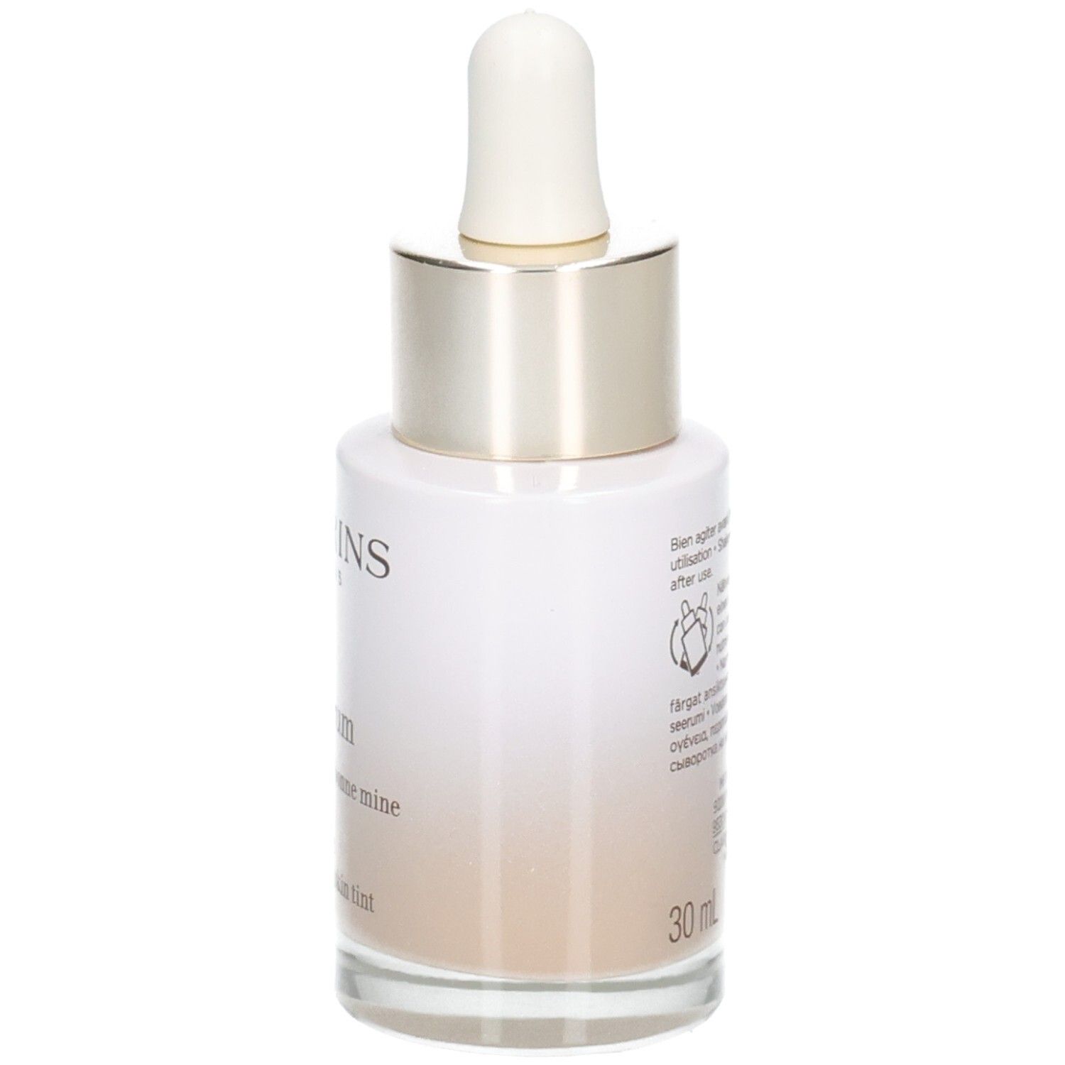 Flacon Clarins Tinted Oleo-Serum, vue de côté avec texte.