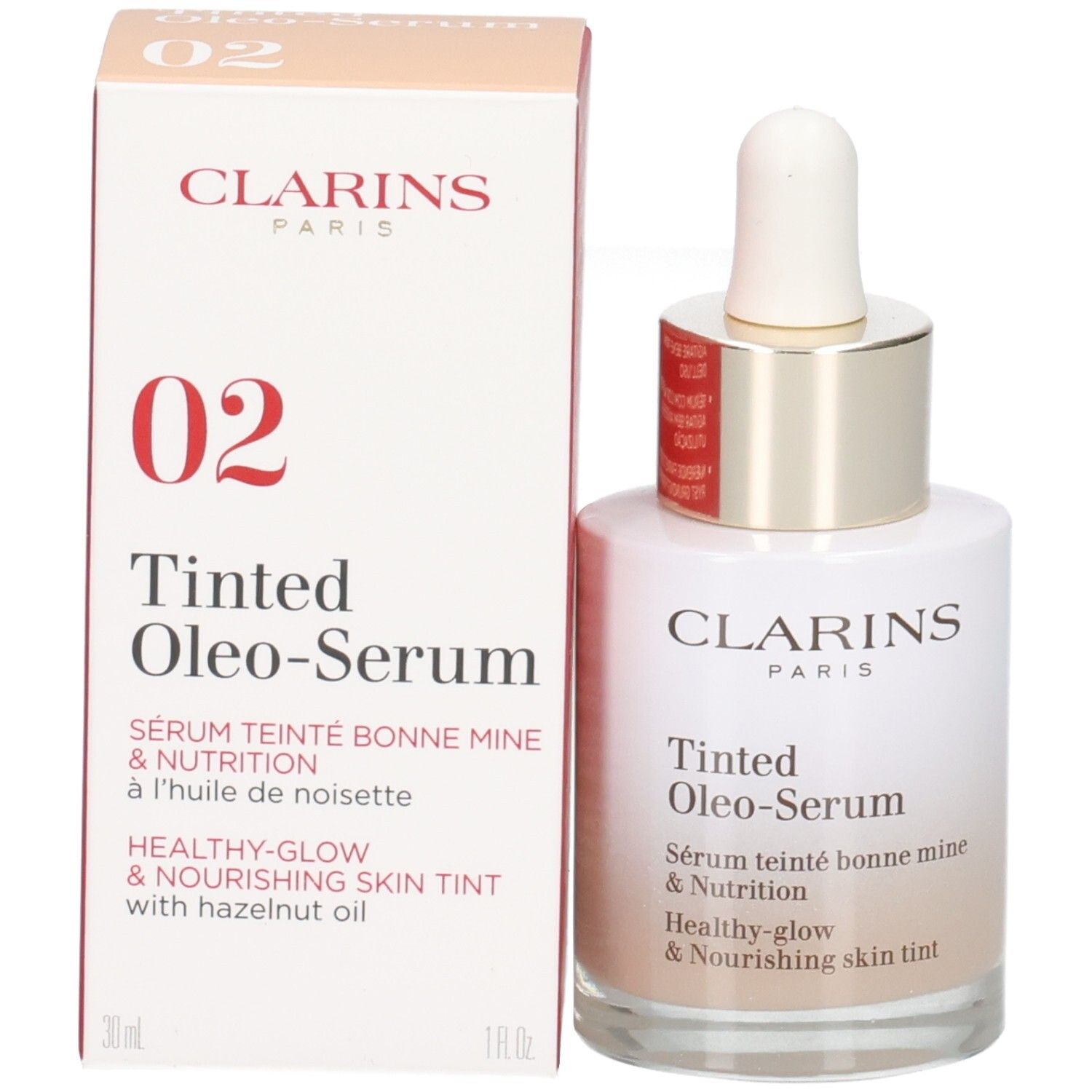 Flacon et emballage Clarins Tinted Oleo-Serum, couleur 02.